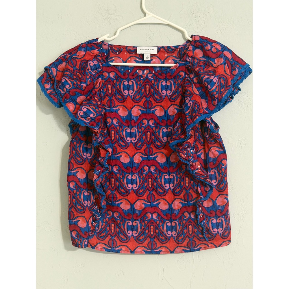 Marc‎ New York Jeans Womens Red Blue Ikat Paisley Ruffle Crochet Blouse Small